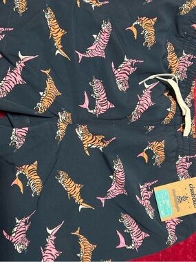 chubbies Navy Swim Trunks with Pink & Orange Tiger Shark Print